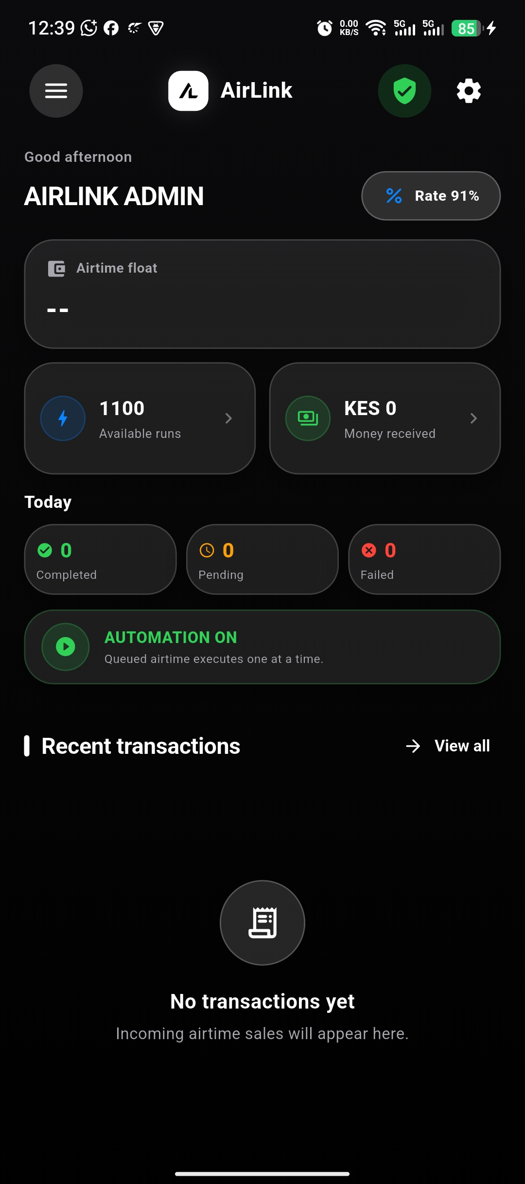 AirLink dashboard showing the airtime desk and automation status